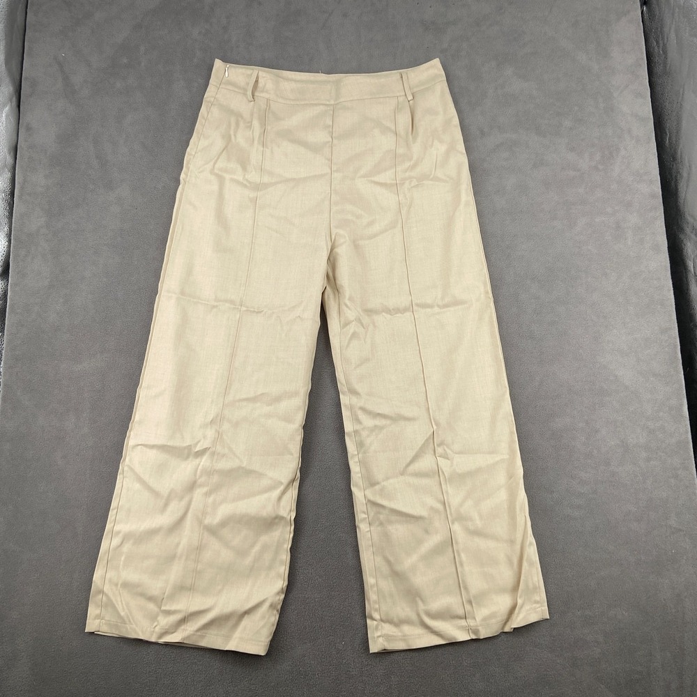 Yozy Pants Womens 14 Beige Stretch Pleated Front High Rise Wide Leg Side Zip